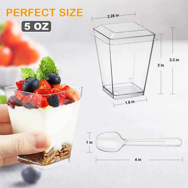 5oz Plastic Dessert Cups with Lids and Spoons, Clear Yogurt Parfait , Mini Dessert Cups with Spoons, Small Square Appetizer Cups for Fruit Party cup