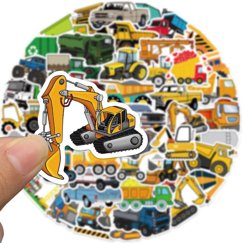 Cartoon Construction Truck Pattern Sticker (50pcs), Self Adhesive Decorative Sticker, DIY Decals for Water Bottle, Laptop, Phone Case