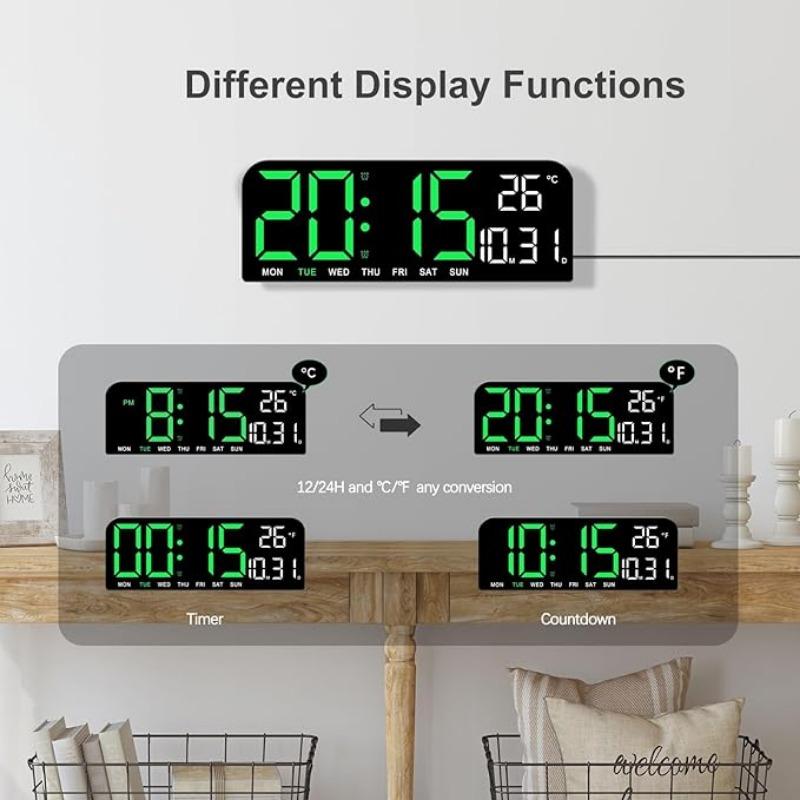 Digital Wall Clock with Remote Control, LED Display,  Countdown, Temperature, Calendar - 12 24Hr Format - Silent Wall Clock for Home, Office, or Gym Use