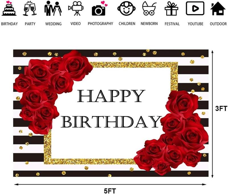 Happy Birthday Backdrop Black and White Stripes Red Rose Party Photography Background 5x3ft Gold Dots Birthday Party Decorations Supplies Banner Photo Booth Props