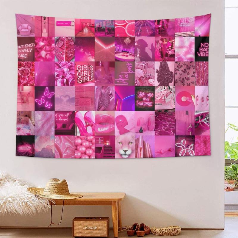 Fashion Pink Collage Tapestry Aesthetic Wall Hanging Tapestries Cute Preppy Banner For Teen Girl Bedroom College Dorm Home Living Room Party Decor 29X37 In