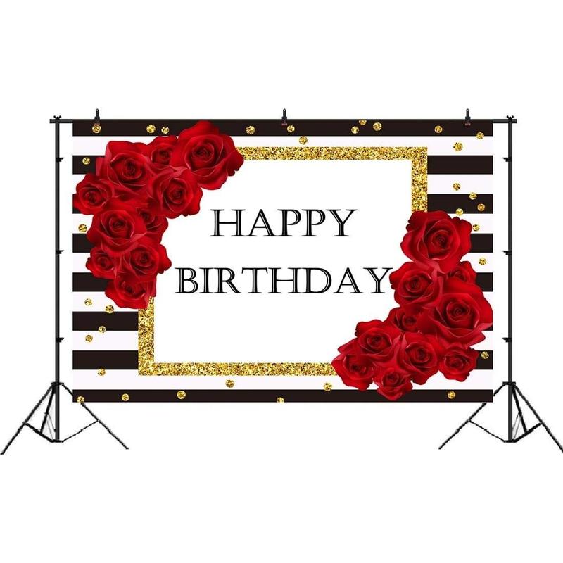 Happy Birthday Backdrop Black and White Stripes Red Rose Party Photography Background 5x3ft Gold Dots Birthday Party Decorations Supplies Banner Photo Booth Props