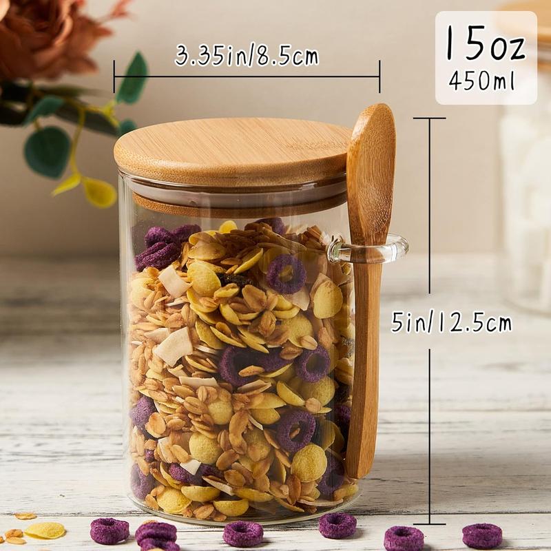 Sugar Container with Spoon - 2 Pack 15oz Jars with Bamboo Lid and Spoon, Bamboo Lid Storage Jar Containers for  Beans, Spice, Brown Sugar, Tea, Flour, Nuts, Candy, Salts and More