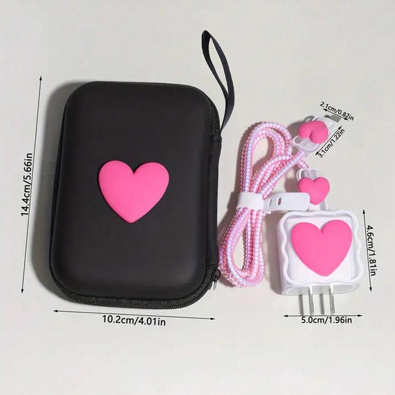 Heart Shaped Data Cable Storage Bag & Data Cable Protector Set, Storage Bag & Anti-breaking Data Cable & Charger Protector Set