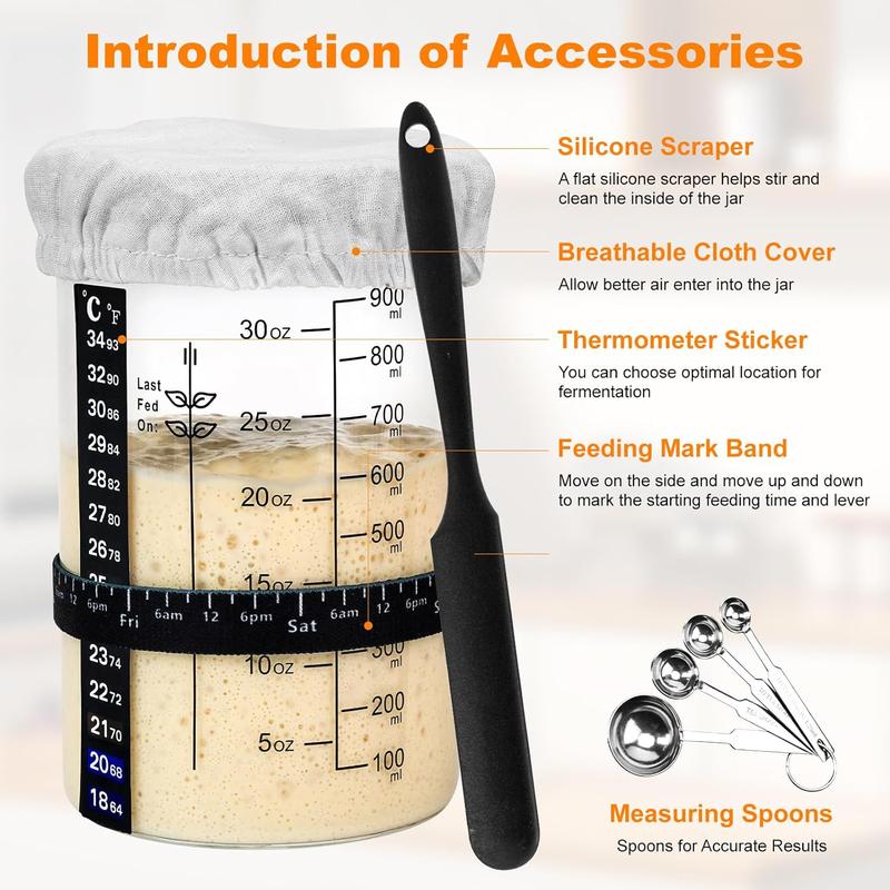 Sourdough Starter Jar 2PACK | Wide Mouth 35oz with Ounce&ML Scale line,Date Marked Feeding Band,,Sourdough Jar Scraper,Cloth Cover & Stainless Steel Lid,Measuring Spoons,Complete Kit