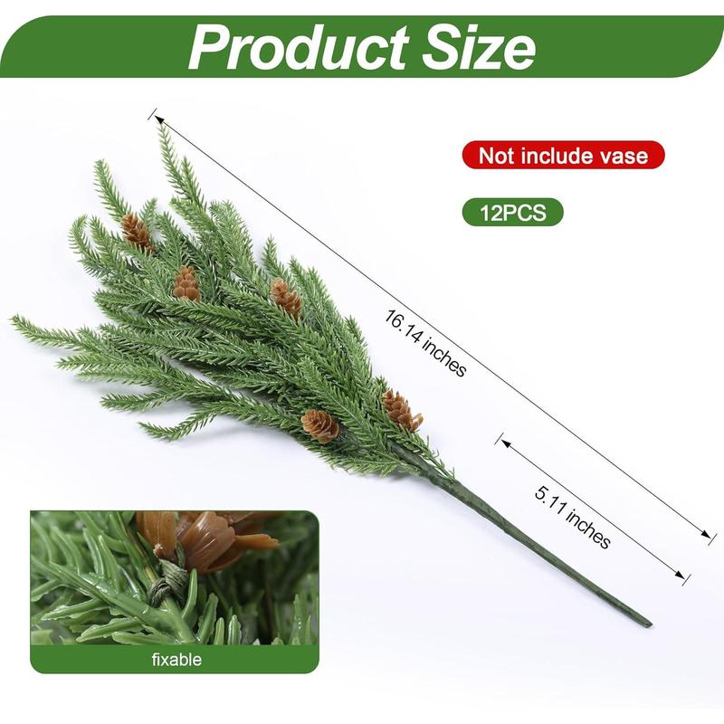 Artificial Christmas Norfolk Pine Stems Branches for Vases, 12 Bundles Fake Faux Evergreen Green Real Feel Touch Stem Greenery with Pine Cones for Xmas Holiday Winter Table Indoor Decoration