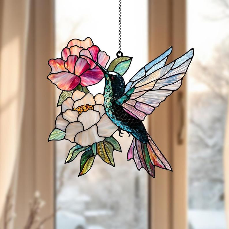 Hummingbird and peony flower ACRYLIC Ornament, Hummingbirds and Flowers Ornament Home Decor