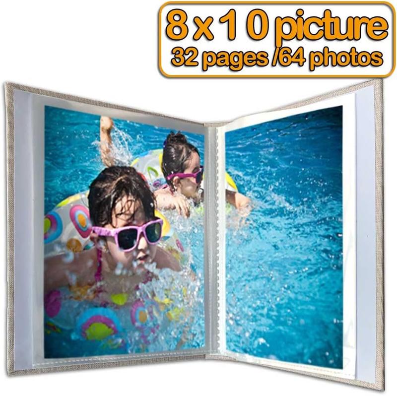 Photo Album 8x10  64 Photos for 8x10 Photo Album, Clear Pages, Linen Cover with Front Window, Photo Album for 8x10 Photos, Beige