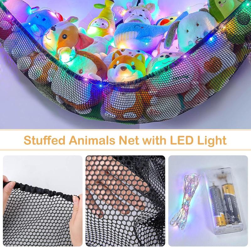 Stuffed Animals Storage with LED Light Room Decor Stuffed Animals Hammock Corner   Storage Organizer Wall Decor Net for Stuffed Animals, Black