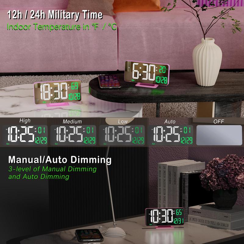 Pink Digital Clock 6.7in Desk Clock with Dual Alarm Clock, Dimming, 12 24h, Date, Day of Week, Temp, Digital LED Clock, Alarm Clock for Table, Digital Calendar Table Clocks for Bedrooms