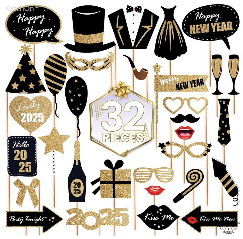 KatchOn, New Years Eve Photo Booth Props 2025 - Pack of 32 | NYE Photo Booth Props 2025 | Happy New Year Decorations 2025 | New Years Eve Party Supplies 2025 | New Years Photo Booth Props 2025