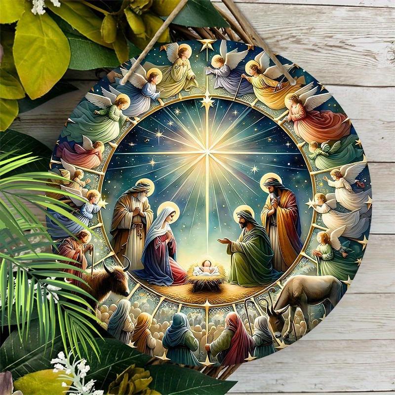 Christmas Wooden Nativity Scene Sign, 1 Count Round Hanging Decor, Wall Hanging Decor for Home Living Room Bedroom Church Door, Ideal Gifts for Christian