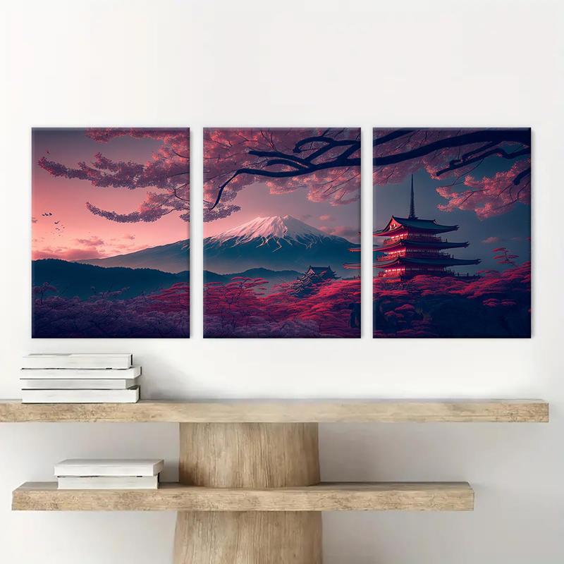 Wooden Framed Canvas Painting, 3 Counts set Japanese Style Scenery Canvas Poster, Modern Art Wall Decoration, Home Canvas Art Wall Decor, Wall Art Painting  Room Decor