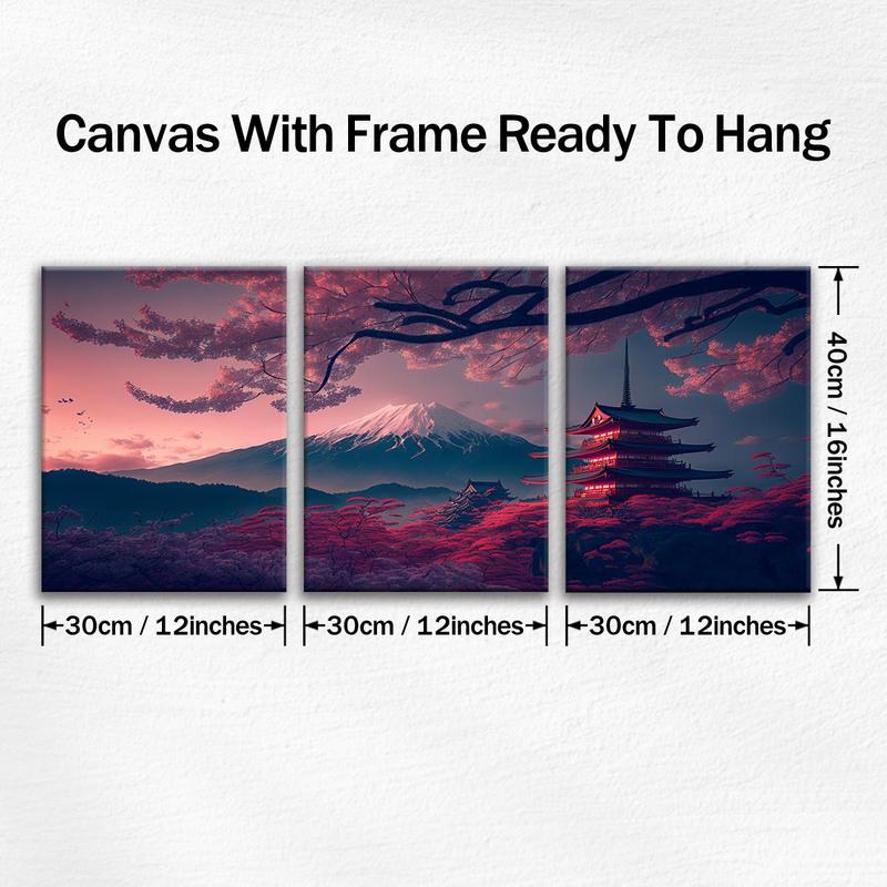 Wooden Framed Canvas Painting, 3 Counts set Japanese Style Scenery Canvas Poster, Modern Art Wall Decoration, Home Canvas Art Wall Decor, Wall Art Painting  Room Decor