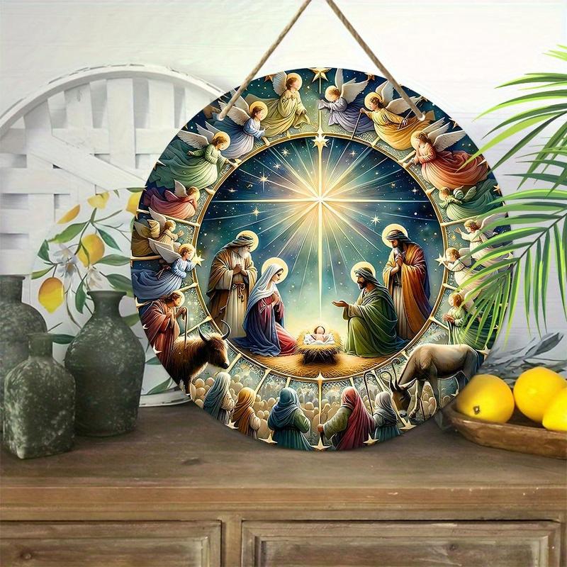 Christmas Wooden Nativity Scene Sign, 1 Count Round Hanging Decor, Wall Hanging Decor for Home Living Room Bedroom Church Door, Ideal Gifts for Christian