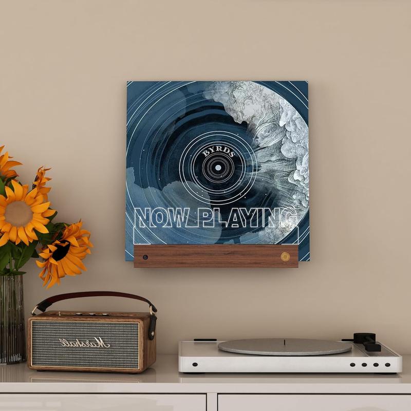 Light up Now Playing Vinyl Record Stand Wall Mount, Now Spinning Record Player Stand, Wooden  Holder for Vinyl Album Display and Storage with 16 Changing Color Lights