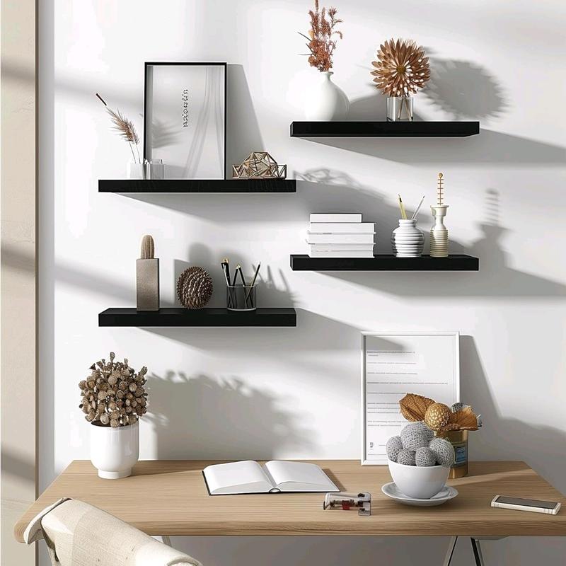 Wood Floating Shelves for Wall, Wooden Wall Shelves for Bedroom, Set of 6 Black 17 Inch