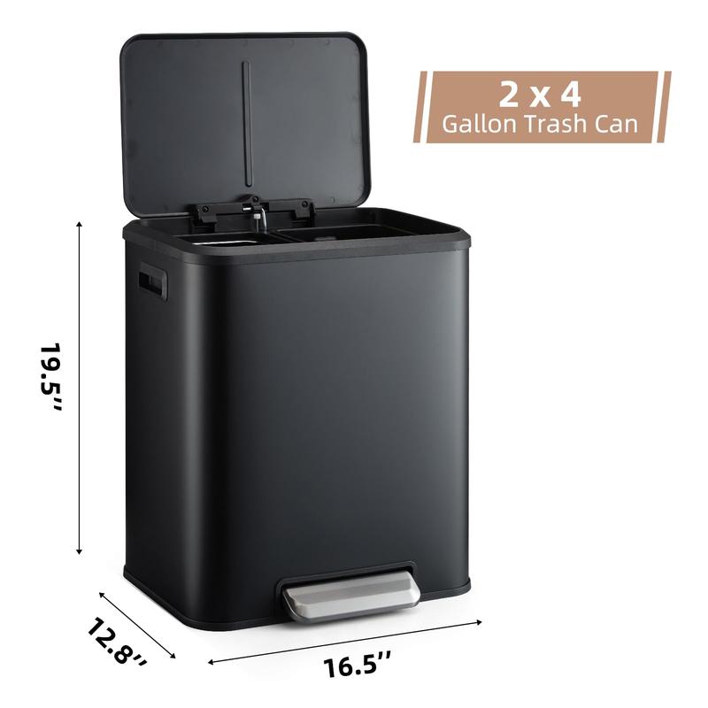 GARVEE 2x15L Dual Bin Rectangular Trash Can, Stainless Steel Waste Bin with Soft Close and Airtight Lid for Kitchen Dining Living Room White - Black