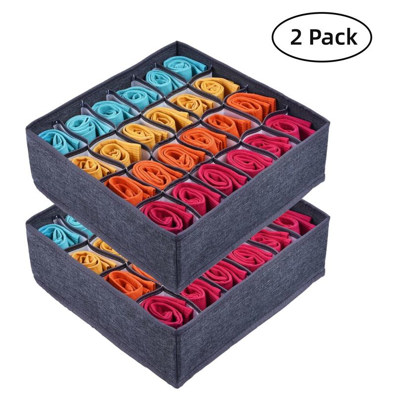 2 Pack Sock Drawer Organizer, 24+24 Cell Fabric  Underwear Drawer Organizer Divider  for Storing Socks, Underwear, Ties, Dark Grey Boxes