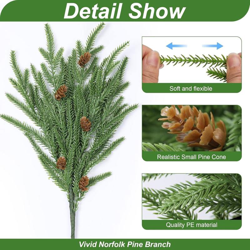 Artificial Christmas Norfolk Pine Stems Branches for Vases, 12 Bundles Fake Faux Evergreen Green Real Feel Touch Stem Greenery with Pine Cones for Xmas Holiday Winter Table Indoor Decoration