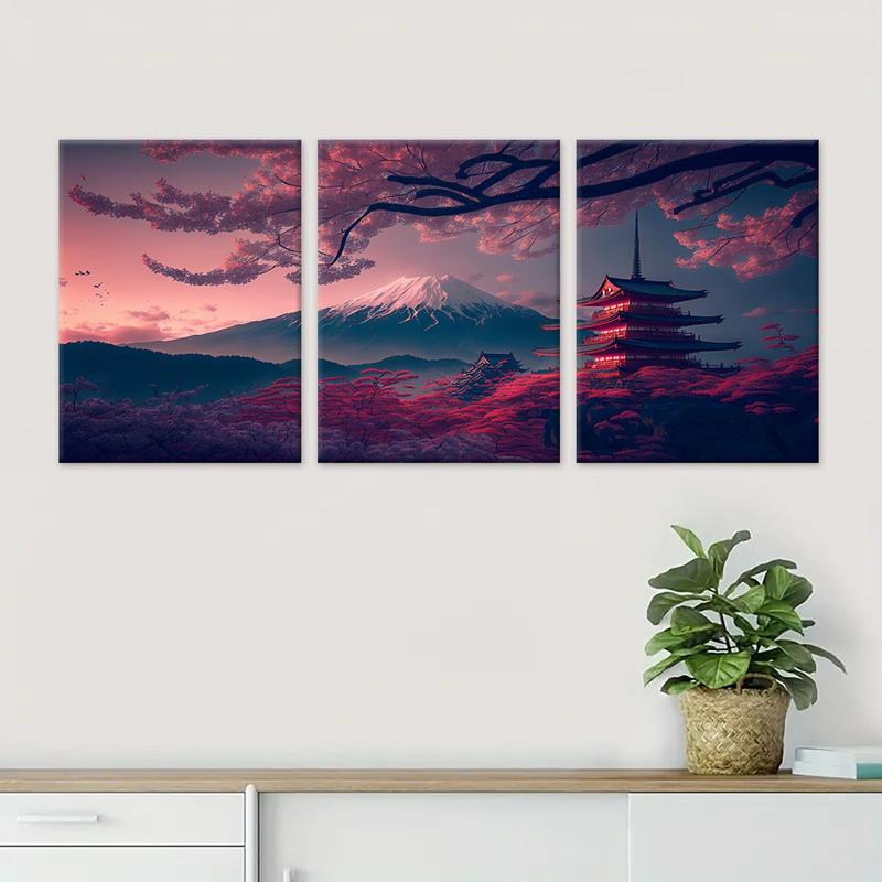 Wooden Framed Canvas Painting, 3 Counts set Japanese Style Scenery Canvas Poster, Modern Art Wall Decoration, Home Canvas Art Wall Decor, Wall Art Painting  Room Decor