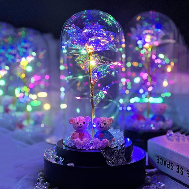 Artificial Rose with Bear Decor, 1 Count Colorful Rose in Glass Dome with Light, Decorative Flower for Home Living Room Bedroom, Holiday Gift