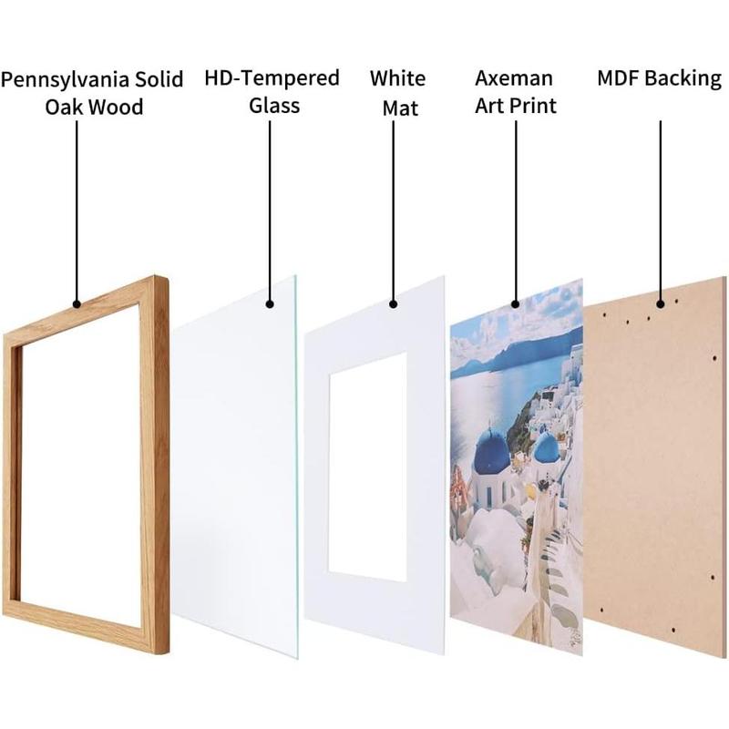 Picture Frame with Mat, Solid Oak Wood Poster Frame with Tempered Glass, Wooden Minimalist Photo Frame Puzzle Frame with Wall Hooks for Art Photo and Prints, Natural