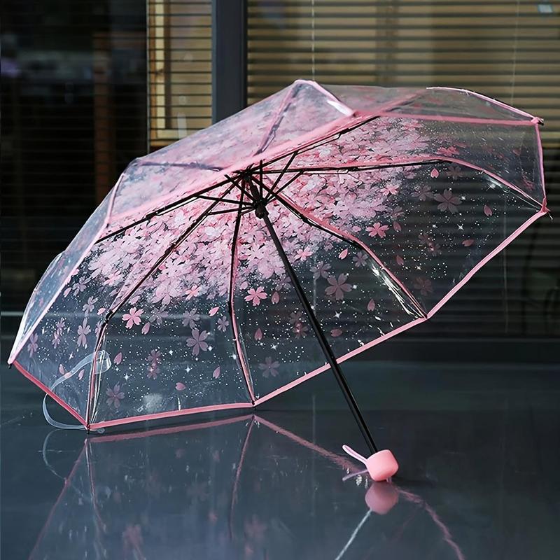 Summer Stuff Clear Cherry Blossom Pattern Foldable Umbrella, 1 Count Portable Waterproof Umbrella, Durable Umbrella For Outdoor Activities