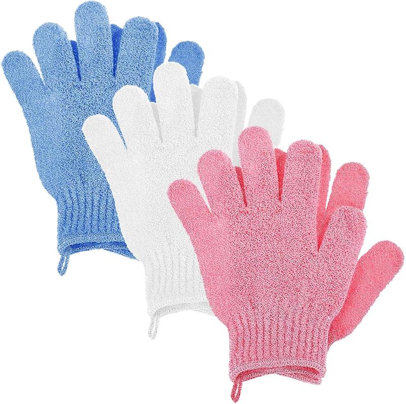 Gloves, 3 count  Mitt  Scrub Gloves with Hanging Loops, Bath Loofah Washcloths Scrubbing Glove for Shower, , Massage,  Remover (Pink, Blue, White)