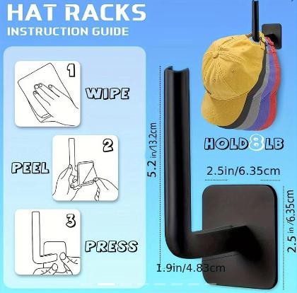 Wall Mounted Hat Storage Hook, 4 Counts Self Adhesive Hat Holder, Multifunctional Home Organizer for Entryway, Bathroom, Bedroom display rack