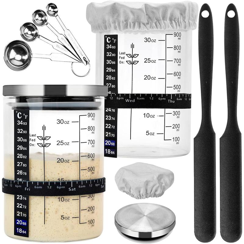 Sourdough Starter Jar 2PACK | Wide Mouth 35oz with Ounce&ML Scale line,Date Marked Feeding Band,,Sourdough Jar Scraper,Cloth Cover & Stainless Steel Lid,Measuring Spoons,Complete Kit