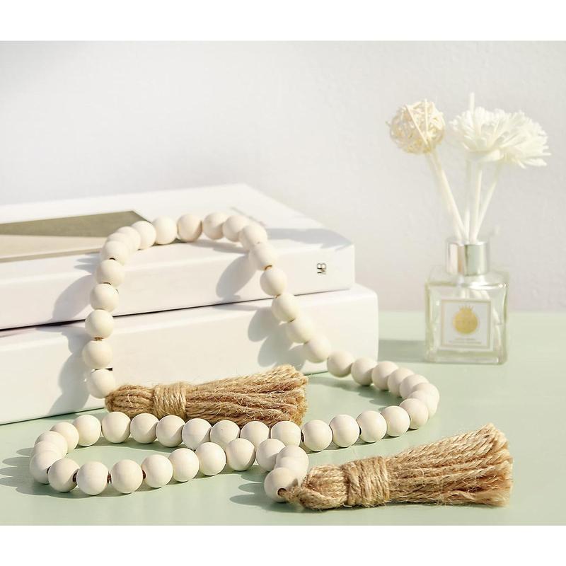 39in Wood Bead Garland Farmhouse with Tassels,Versatile Prayer Beads Boho Chic Wall Hanging Home Decor(Natural)