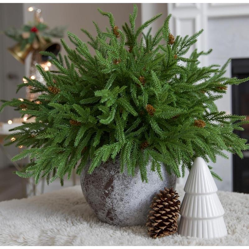 Artificial Christmas Norfolk Pine Stems Branches for Vases, 12 Bundles Fake Faux Evergreen Green Real Feel Touch Stem Greenery with Pine Cones for Xmas Holiday Winter Table Indoor Decoration