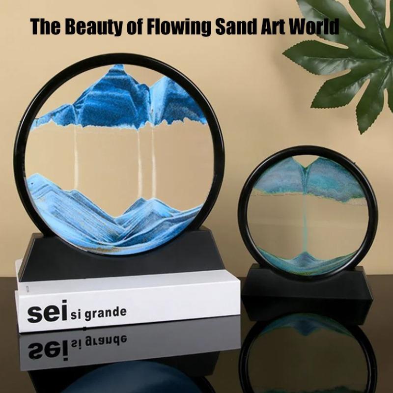 Creative 3D Moving Sand Art Decor, 1 Count Round Glass Flowing Sand Home Decor, Living Room Craft Ornament, Office Desk Circular Sand Art