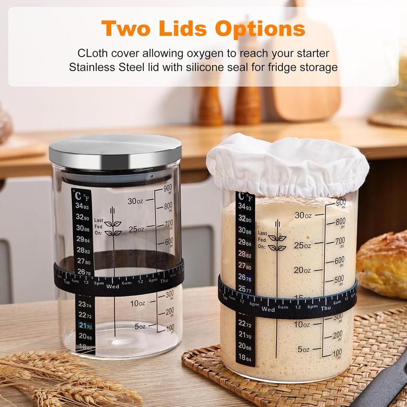 Sourdough Starter Jar 2PACK | Wide Mouth 35oz with Ounce&ML Scale line,Date Marked Feeding Band,,Sourdough Jar Scraper,Cloth Cover & Stainless Steel Lid,Measuring Spoons,Complete Kit