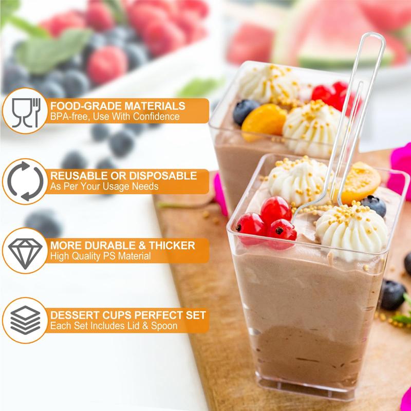 5oz Plastic Dessert Cups with Lids and Spoons, Clear Yogurt Parfait , Mini Dessert Cups with Spoons, Small Square Appetizer Cups for Fruit Party cup