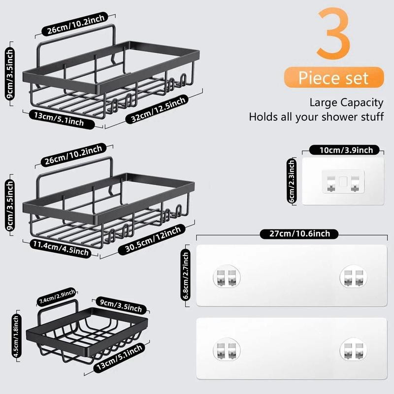 Stainless Steel Shower Caddy, 3 Counts set Punch-free Adhesive Multifunctional Shower Shelf, Wall Mounted Bathroom Organizer for Shampoo, Soap and More, Summer Gift Ideas, Storage Holder for Home Bathroom Washroom Dormitory