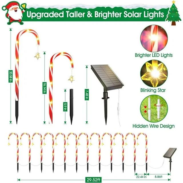 19'' Christmas Candy Cane Pathway Markers Outdoor, 12 Pack Christmas Lights Outdoor Decorations Solar Candy Cane Lights with Snowflakes Xmas Pathway Lights with 8 Modes for Holiday Decor