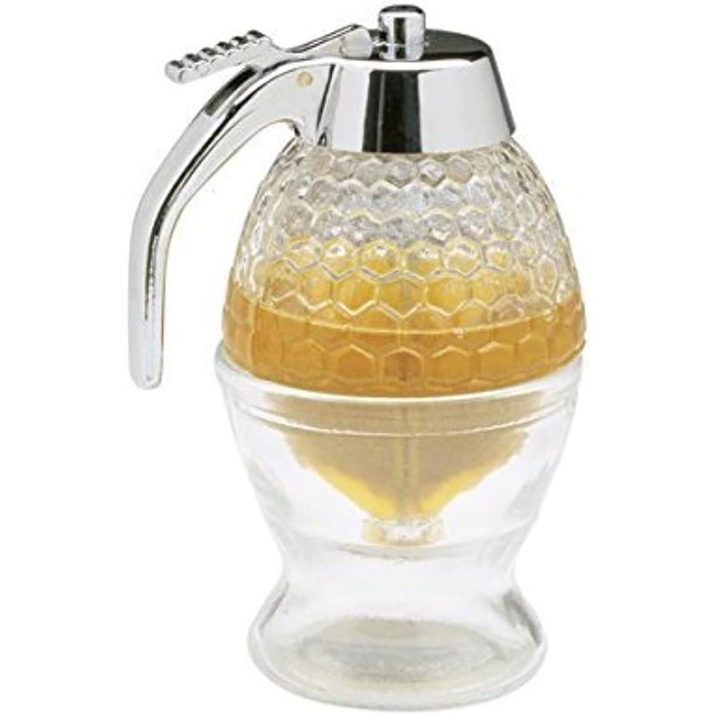 Honey Syrup Dispenser Glass Honey Jar No Drip Glass Container with Stand Bottles Tin Canister Organiser