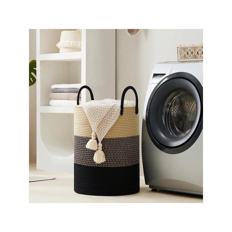 1pc -Tall Cotton Rope Laundry Hamper-15 X 20 Inches, Large Laundry Basket With Handles,Woven Storage Blankets Basket, Toys Basket, Dirty Clothes For Living Room, Bedroom, Brown & White, 58L Organiser Linen