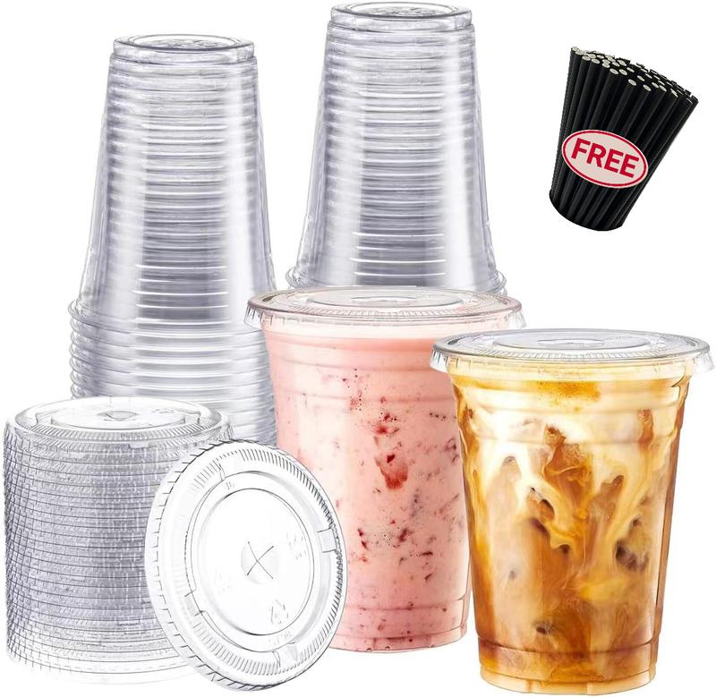 [FREE STRAWS] 200 Sets Clear Plastic Cups With Flat Lids, Disposable Cups With Lids for Cold Drinks, Milkshake, Smoothie, Iced Coffee and TO-GO Drinks