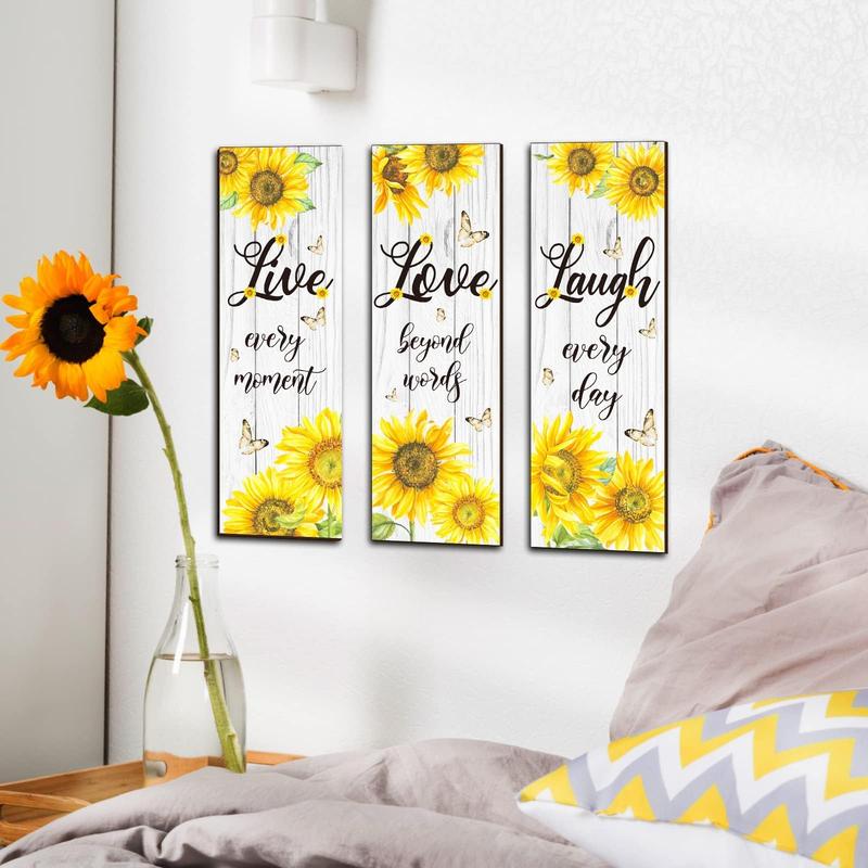 Sunflower & Letter Pattern Wall Art Plaque, 3pcs set Rustic Wood Sign Wall Decor, Farmhouse Wall Art Decoration for Home Office Wedding Kitchen and Living Room