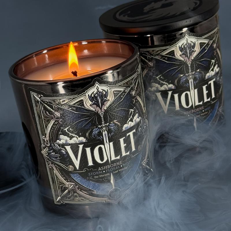 Violet - Fourth Wing Inspired 8oz Scented Candle - Storm, Florals, Mist - Natural Coconut Wax - 35 h Burn Time - Premium Foil Label