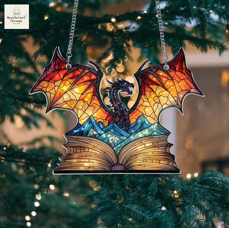 Book Dragon Suncatcher Ornament, Fantasy Dragon Wall Art Decoration, Acrylic Material, UV Printed, 6x6 inch - Hanging, Artwork