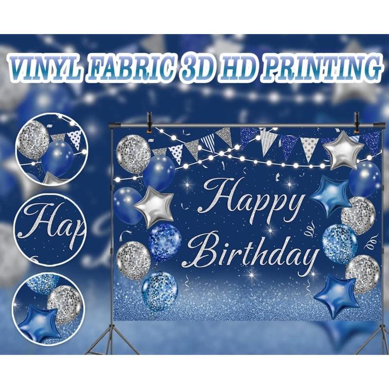 Navy Blue Happy Birthday Backdrop Silver Glitter Balloons Star Flag Sequins Background Adult Men Women Birthday Party Decoration Cake Table Photo Booth (7x5FT, Blue)