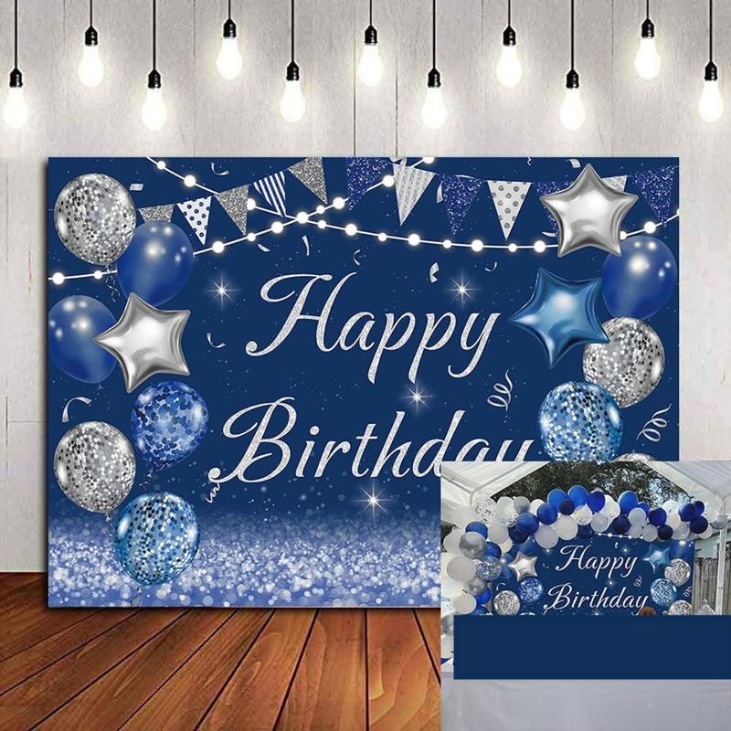 Navy Blue Happy Birthday Backdrop Silver Glitter Balloons Star Flag Sequins Background Adult Men Women Birthday Party Decoration Cake Table Photo Booth (7x5FT, Blue)