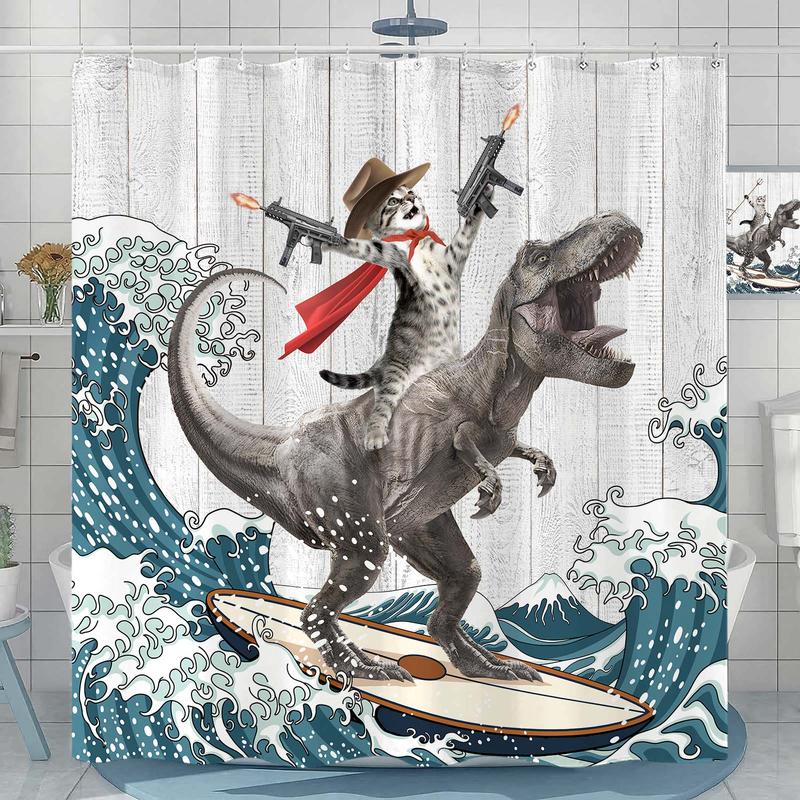 Funny Cat Shower Curtain Wave Bathroom Shower Curtain Set Waterproof Fabric Bathroom with 12 Hook