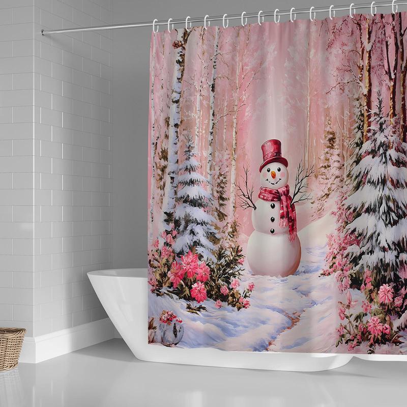 Snowman Pattern Shower Curtain, 1 Count Cute Cartoon Bathroom Curtain with 12pcs Hooks, Bathroom Decor Supplies for Home Hotel Salon Dormitory