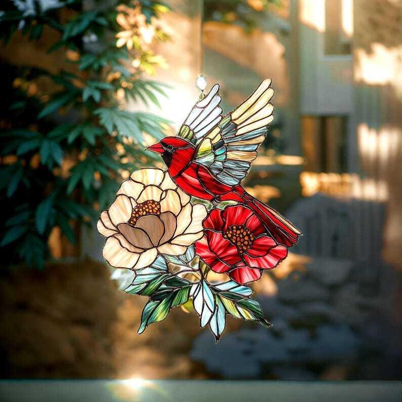 Red Cardinal and poppy flower Suncatcher Acrylic Window Hangin Bird Lover Gift Bird Memorial Gift for Christmas Cardinal Lover Gift