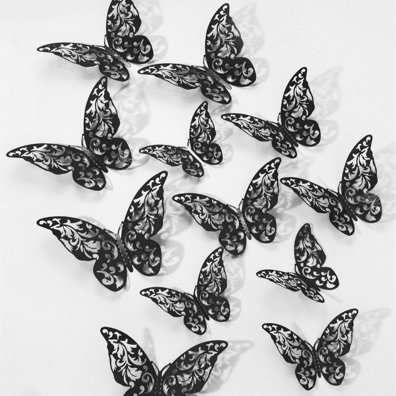 12pcs set 3D Hollow Out Butterfly Design Wall Sticker, Creative Paper Cake Topper, Backdrop Decorative Decal For Home Bedroom Living Room DIY, Room Decor